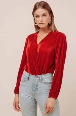 Long Sleeve Plisse Bodysuit -Outlet Cozi Luxe Store ACT13115B RUST 3