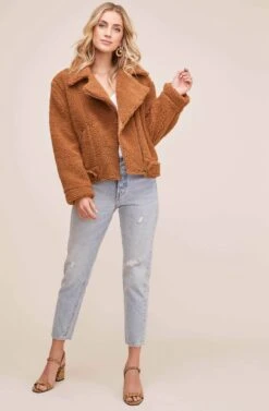 Faux Shearling Moto Jacket -Outlet Cozi Luxe Store ACT13878 CARAMEL 2