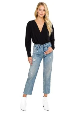 Pleated V-Neck Bodysuit -Outlet Cozi Luxe Store ACT15293 BLACK 01