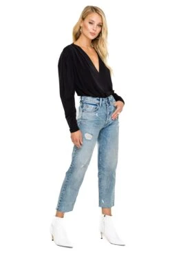 Pleated V-Neck Bodysuit -Outlet Cozi Luxe Store ACT15293 BLACK 02