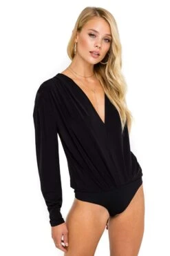 Pleated V-Neck Bodysuit -Outlet Cozi Luxe Store ACT15293 BLACK 05