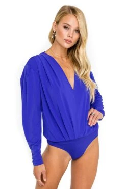 Pleated V-Neck Bodysuit -Outlet Cozi Luxe Store ACT15293 BLUE IRIS 05