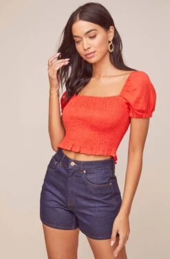 Mason Puff Sleeve Crop Top -Outlet Cozi Luxe Store ACT15321B RED 2