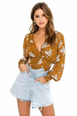 Smocked Wrap Front Floral Top 12 Smocked Wrap Front Floral Top -Outlet Cozi Luxe Store ACT15366 CARAMEL ORANGE FLORAL 04