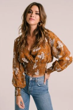 Smocked Wrap Front Floral Top