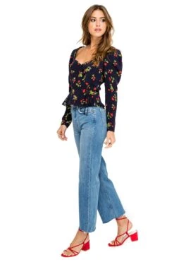Long Sleeve Sweetheart Wrap Front Top -Outlet Cozi Luxe Store ACT15390 NAVY CHERRY PRINT 03