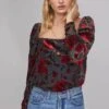 Demetria Floral Print Velvet Bodysuit 1 Demetria Floral Print Velvet Bodysuit -Outlet Cozi Luxe Store ACT15670 RED VELVET FLORAL 2A