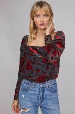 Demetria Floral Print Velvet Bodysuit