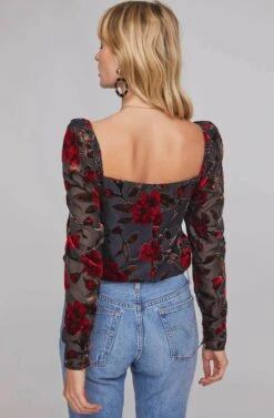 Demetria Floral Print Velvet Bodysuit -Outlet Cozi Luxe Store ACT15670 RED VELVET FLORAL 4A