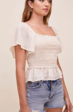 January Smocked Flutter Sleeve Top -Outlet Cozi Luxe Store ACT16012JC TAUPE WHITE 5