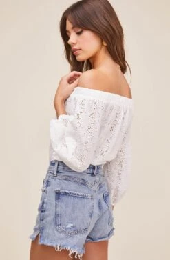 Elodie Off Shoulder Eyelet Bodysuit -Outlet Cozi Luxe Store ACT16034 WHITE 3