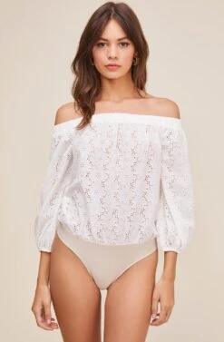 Elodie Off Shoulder Eyelet Bodysuit -Outlet Cozi Luxe Store ACT16034 WHITE 4
