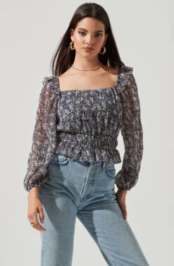 Elva Floral Ruffle Top -Outlet Cozi Luxe Store ACT16317B NAVY PURPLEFLORAL 2
