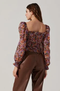Tonina Floral Square Neck Puff Sleeve Top -Outlet Cozi Luxe Store ACT16469C ORANGEPURPLEFLORAL 2
