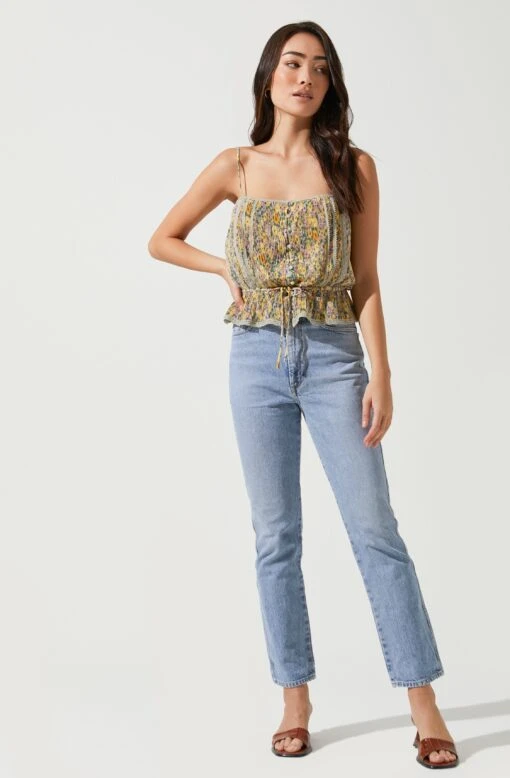 Flora Pleated Square Neck Top -Outlet Cozi Luxe Store ACT16656 TAUPEYELLOWFLORAL 1