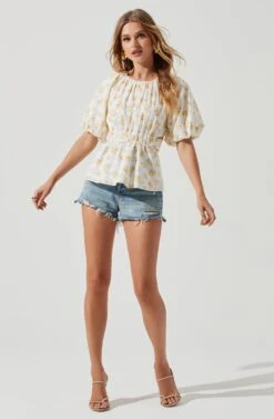 Vendetti Floral Cutout Puff Sleeve Top -Outlet Cozi Luxe Store ACT16697B WHITEYELLOWFLORAL 0748