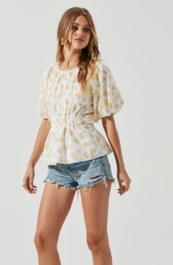 Vendetti Floral Cutout Puff Sleeve Top -Outlet Cozi Luxe Store ACT16697B WHITEYELLOWFLORAL 1596