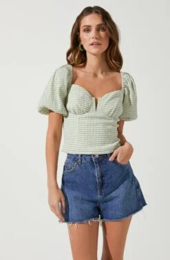 Daydreamer Gingham Puff Sleeve Top -Outlet Cozi Luxe Store ACT16733CR MATCHA WHITE 2