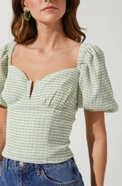Daydreamer Gingham Puff Sleeve Top -Outlet Cozi Luxe Store ACT16733CR MATCHA WHITE 3