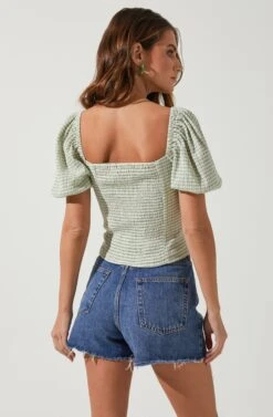 Daydreamer Gingham Puff Sleeve Top -Outlet Cozi Luxe Store ACT16733CR MATCHA WHITE 4