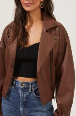 Rubia Faux Leather Moto Jacket -Outlet Cozi Luxe Store ACT16740 BROWN 3