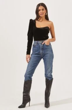 Elegance Velvet Single Sleeve Bodysuit -Outlet Cozi Luxe Store ACT16845 BLACK 1