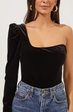 Elegance Velvet Single Sleeve Bodysuit -Outlet Cozi Luxe Store ACT16845 BLACK 5