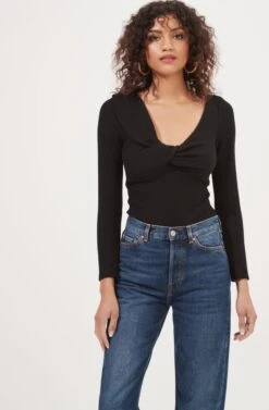 Iggy Twist Front Long Sleeve Bodysuit -Outlet Cozi Luxe Store ACT16871 BLACK 2
