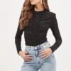 Hollis Ruched Long Sleeve Padded Shoulder Bodysuit -Outlet Cozi Luxe Store ACT16885 BLACK 2