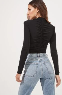 Hollis Ruched Long Sleeve Padded Shoulder Bodysuit 20 Hollis Ruched Long Sleeve Padded Shoulder Bodysuit -Outlet Cozi Luxe Store ACT16885 BLACK 5