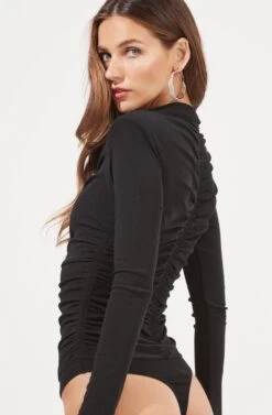 Hollis Ruched Long Sleeve Padded Shoulder Bodysuit 19 Hollis Ruched Long Sleeve Padded Shoulder Bodysuit -Outlet Cozi Luxe Store ACT16885 BLACK 7