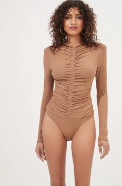 Hollis Ruched Long Sleeve Padded Shoulder Bodysuit 25 Hollis Ruched Long Sleeve Padded Shoulder Bodysuit -Outlet Cozi Luxe Store ACT16885 CAPPUCCINO 6