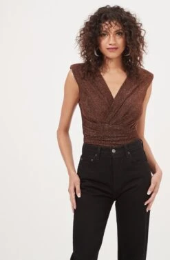 Stella Metallic V Neck Bodysuit -Outlet Cozi Luxe Store ACT16897 COPPER 2