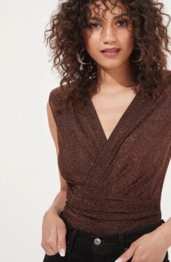 Stella Metallic V Neck Bodysuit -Outlet Cozi Luxe Store ACT16897 COPPER 3