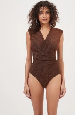 Stella Metallic V Neck Bodysuit -Outlet Cozi Luxe Store ACT16897 COPPER 7