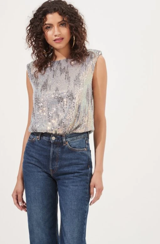 Hollywood Sequin Padded Shoulder Bodysuit -Outlet Cozi Luxe Store ACT16905 SILVER PINKMULTI 2