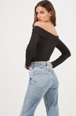 Umi Off Shoulder Cutout Long Sleeve Bodysuit -Outlet Cozi Luxe Store ACT16908 BLACK 6