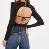 Felice Open Back Padded Shoulder Long Sleeve Sweater Bodysuit -Outlet Cozi Luxe Store ACT16925 BLACK 5