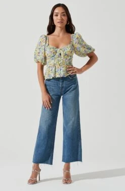 Clairemont Floral Puff Sleeve Peplum Top 11 Clairemont Floral Puff Sleeve Peplum Top -Outlet Cozi Luxe Store ACT16963D YELLOWGREENFLORAL 1