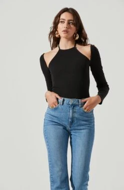 Solene Shoulder Cutout Halter Long Sleeve Bodysuit