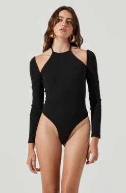Solene Shoulder Cutout Halter Long Sleeve Bodysuit 10 Solene Shoulder Cutout Halter Long Sleeve Bodysuit -Outlet Cozi Luxe Store ACT16977 BLACK 5