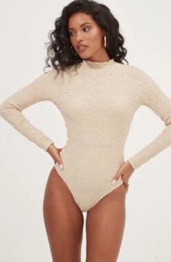 Hawthorne Mock Neck Crinkled Open Back Bodysuit -Outlet Cozi Luxe Store ACT16980 LATTE 5