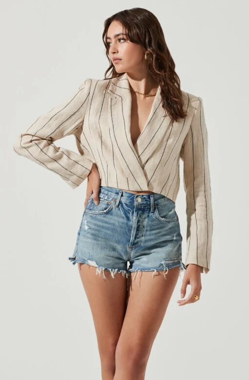 Rozette Cropped Pinstripe Jacket -Outlet Cozi Luxe Store ACT16992 TAN BLACK 2