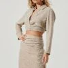 Perry Collared Long Sleeve Tie Waist Crop Top -Outlet Cozi Luxe Store ACT17025 TAUPE 2