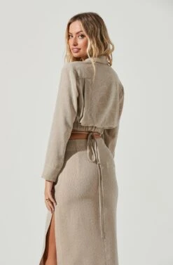 Perry Collared Long Sleeve Tie Waist Crop Top 9 Perry Collared Long Sleeve Tie Waist Crop Top -Outlet Cozi Luxe Store ACT17025 TAUPE 4