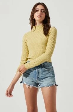 Lanare Checkered Mock Neck Long Sleeve Crop Top