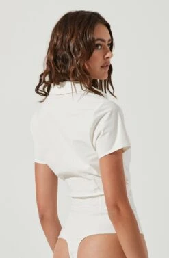 Maui Front Cutout Collared Short Sleeve Bodysuit -Outlet Cozi Luxe Store ACT17042 WHITE 5