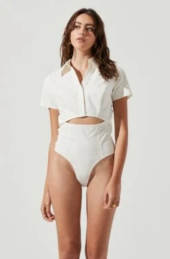 Maui Front Cutout Collared Short Sleeve Bodysuit -Outlet Cozi Luxe Store ACT17042 WHITE 6