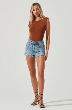 Santa Fe Padded Shoulder Open Back Cross Strap Bodysuit -Outlet Cozi Luxe Store ACT17054 NUTMEG 1