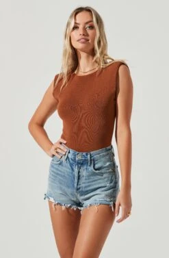 Santa Fe Padded Shoulder Open Back Cross Strap Bodysuit -Outlet Cozi Luxe Store ACT17054 NUTMEG 2